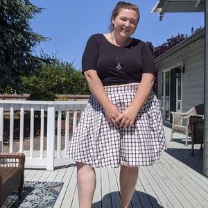 White, pink, and black plaid skirt